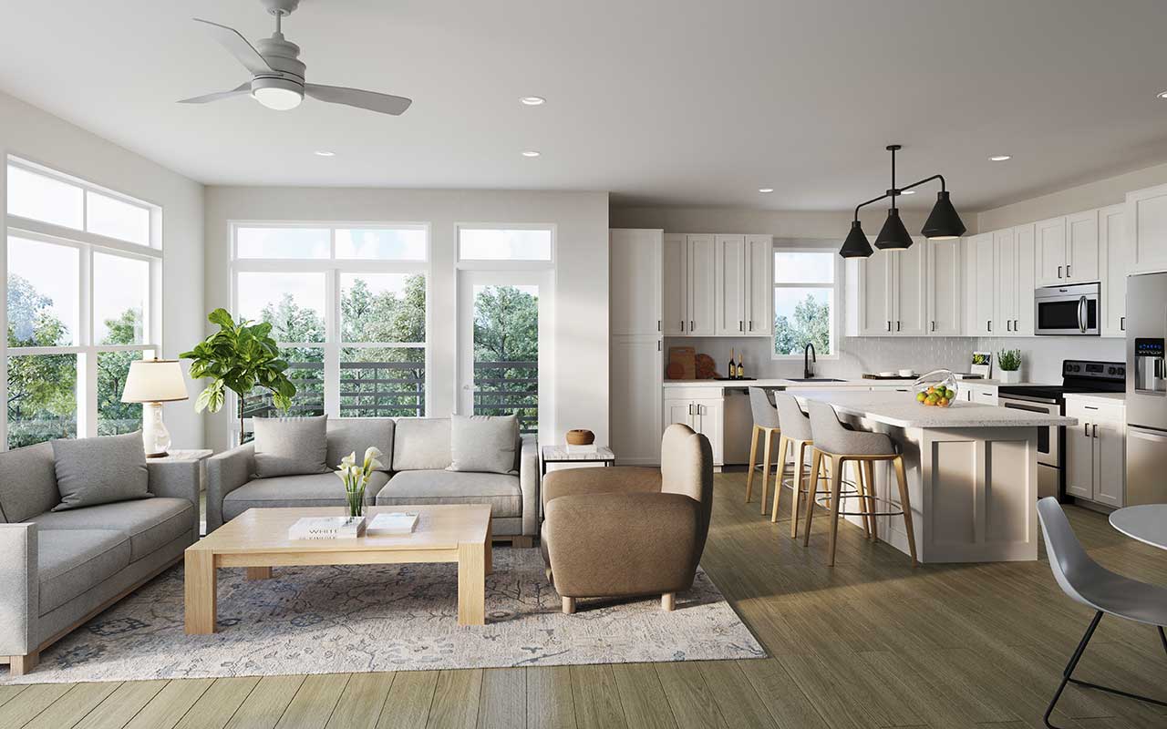 A bright, modern open-plan living space featuring a cozy living area with a sofa and chairs, a clean kitchen with a breakfast bar, and large windows offering plenty of natural light.